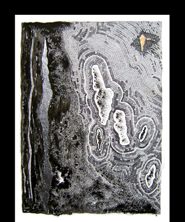 Abstrait graphique - 27x36cm - Support papier, encre de Chine à la plume sur base de lavis d'encre de Chine sépia, rehauts de feuille d'or et/ou d'argent