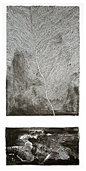 La Délivrance 1 - Abstrait graphique - 50x100cm - Support toile, encre de Chine à la plume sur base de lavis d'encre de Chine sépia, rehauts de feuille d'or et/ou d'argent