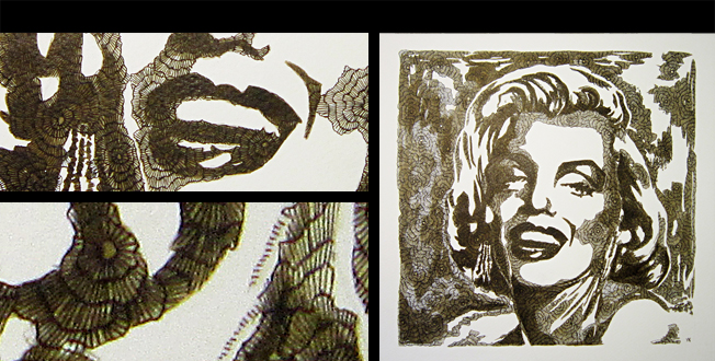 Marilyn M. - 10.23x10.23in - Support paper, Indian ink by quill on a based washes in sepia Indian ink